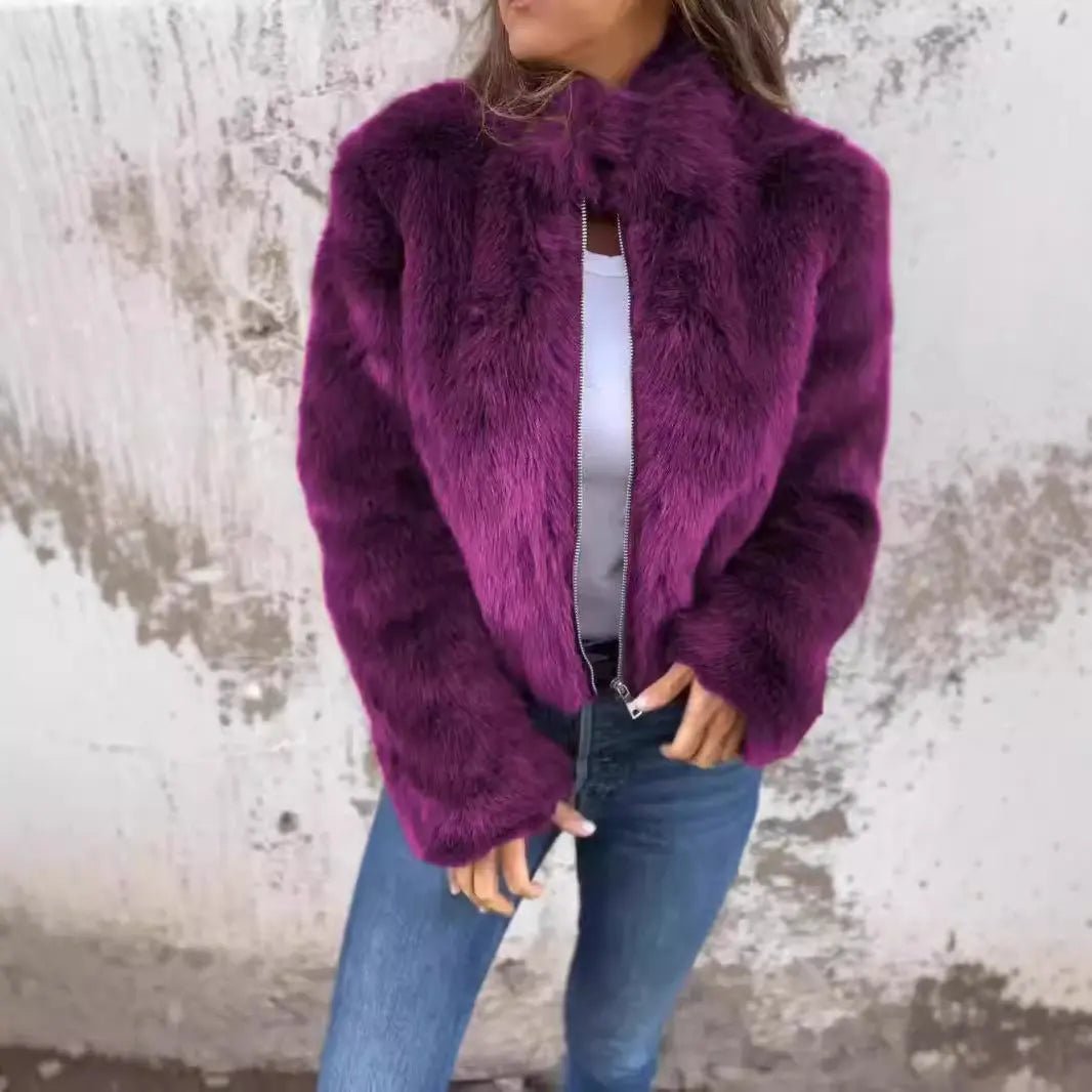 Fashion Stand Collar Plush Jacket Winter Casual Turtleneck Zipper Coat Fleece Tops Women's Clothing - Chic Cart