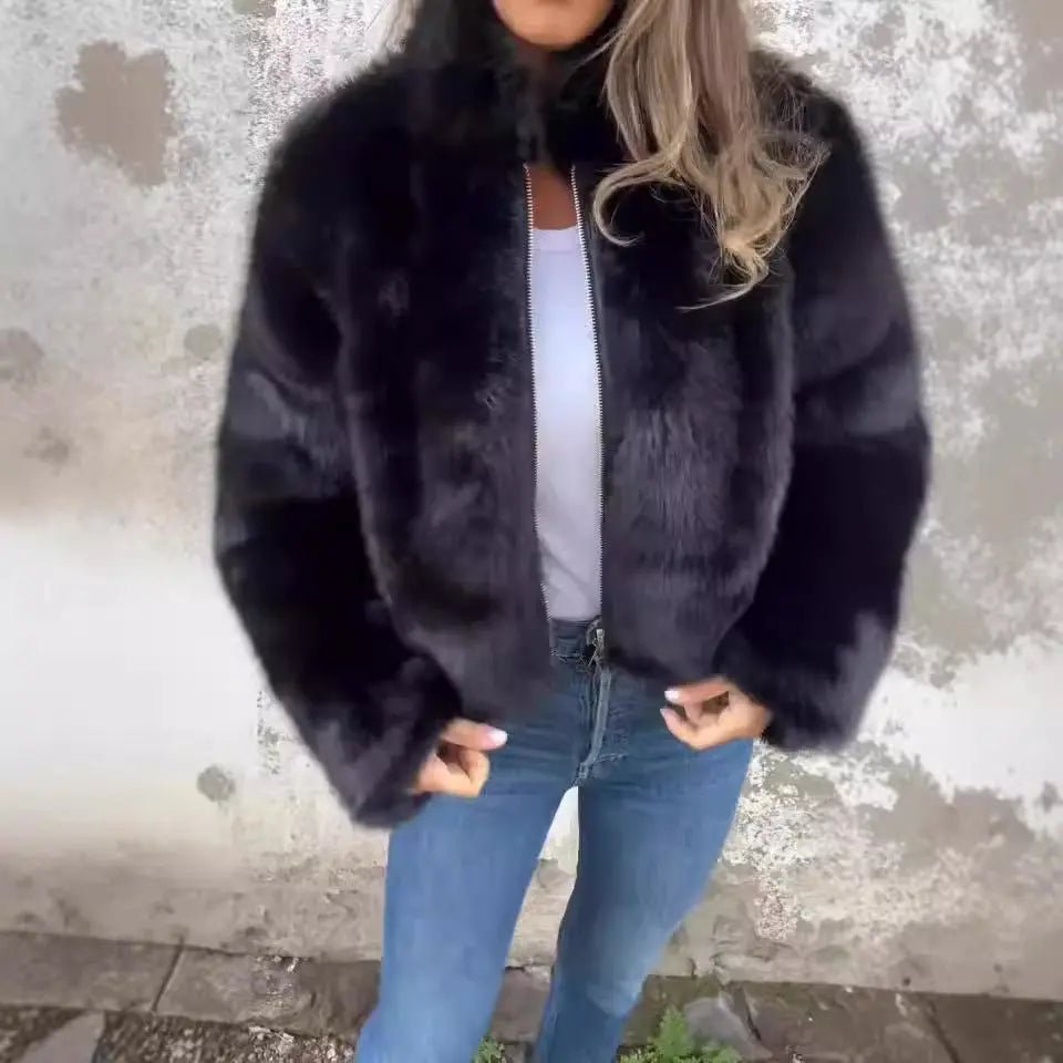 Fashion Stand Collar Plush Jacket Winter Casual Turtleneck Zipper Coat Fleece Tops Women's Clothing - Chic Cart
