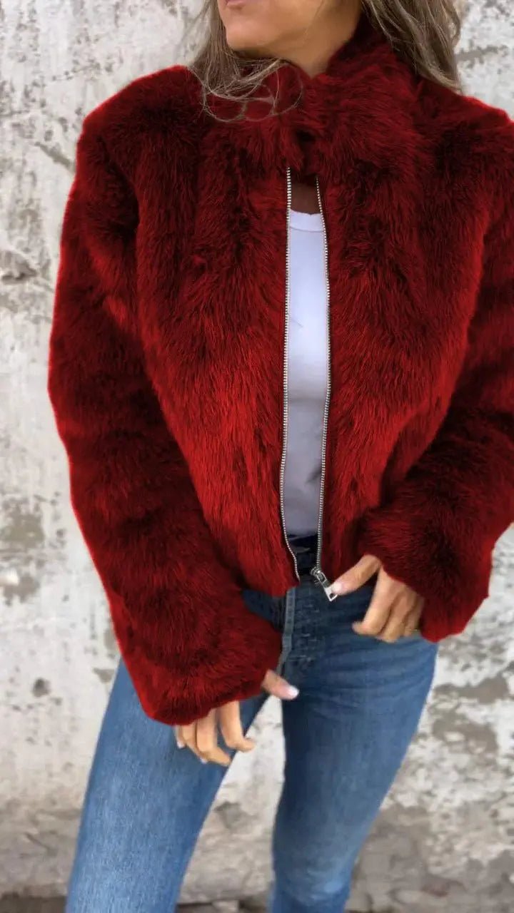 Fashion Stand Collar Plush Jacket Winter Casual Turtleneck Zipper Coat Fleece Tops Women's Clothing - Chic Cart