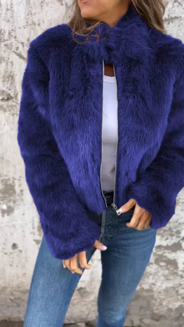 Fashion Stand Collar Plush Jacket Winter Casual Turtleneck Zipper Coat Fleece Tops Women's Clothing - Chic Cart
