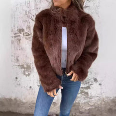 Fashion Stand Collar Plush Jacket Winter Casual Turtleneck Zipper Coat Fleece Tops Women's Clothing - Chic Cart