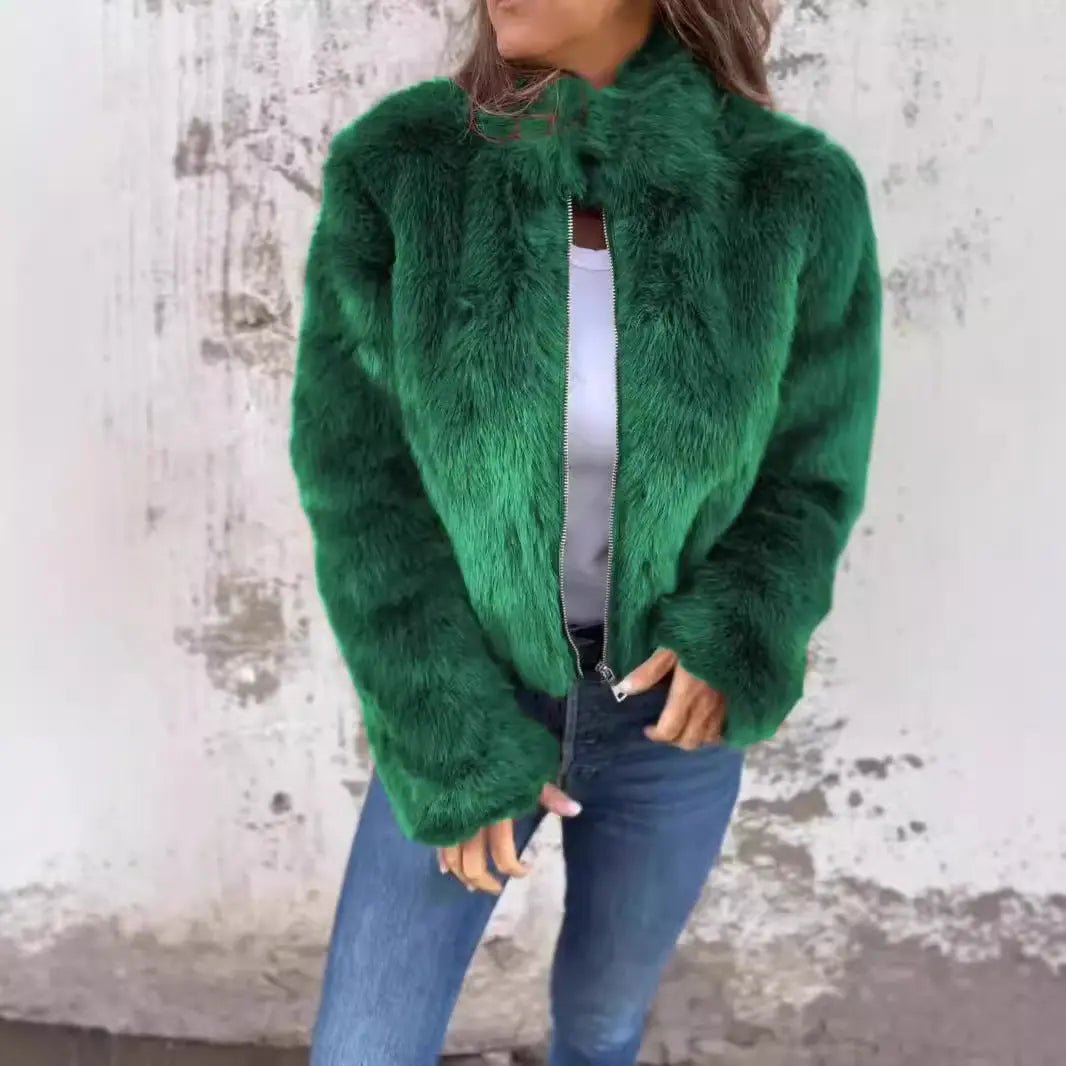 Fashion Stand Collar Plush Jacket Winter Casual Turtleneck Zipper Coat Fleece Tops Women's Clothing - Chic Cart