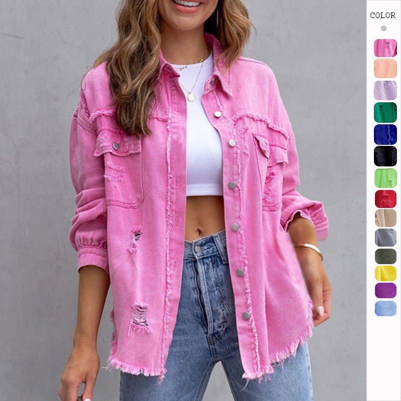Fashion Ripped Shirt Jacket Female Autumn And Spring Casual Tops Womens Clothing - Chic Cart